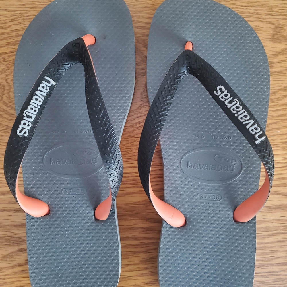 Havaianas Black and Gray Flip Flops with Orange Straps